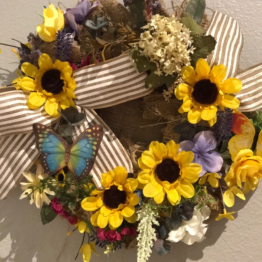 Autumn Sunflower Wreath Adorable 2 Small Butterflies Small Sized FINAL SALE
